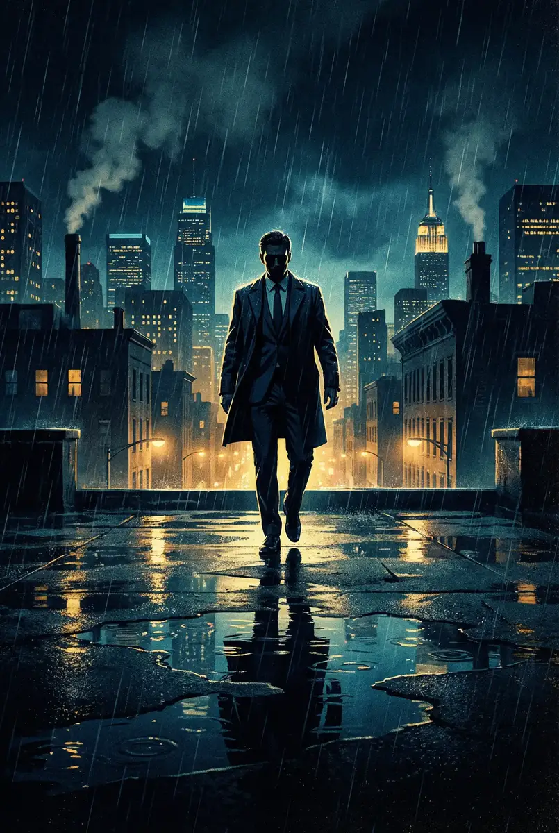 小泽玛利亚全集快播 出品影片《雨夜独行者》海报，雨中城市屋顶男性剪影